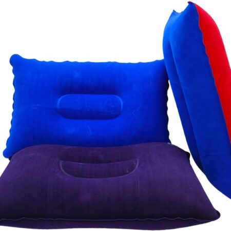 3 Pack Ultralight Inflatable Pillow Small Squared Flocked Fabric Air Pillow Beach Pillow for Camping,Napping,Desk Rest,Hiking,Traveling,Neck Lumbar Support（Royal Blue, Purple, Duotone）