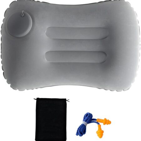Outdoor Inflatable Travel Pillow,Ultra Light and Small in Size,Perfectly Fits The Neck or Waist,Suitable for Camping and Hiking,Comes with Storage Bag and Earplugs,Grey
