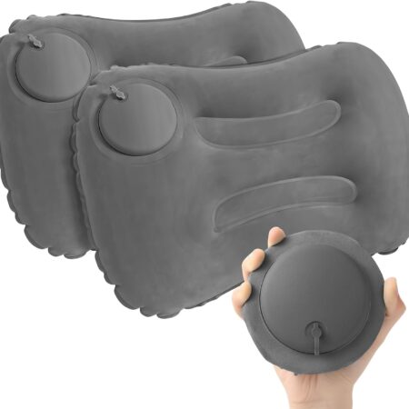 2-Pack Inflatable Camping Pillow, Portable Travel Pillow for Sleeping, Lightweight Compact Inflatable Pillows for Beach, Hiking, Backpacking, Airplane Travel, Press-to-Inflate Design (Grey)