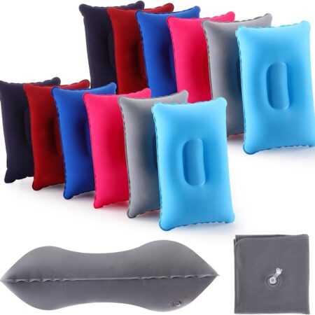 12 Pack Inflatable Travel Pillow Squared Flocked Fabric Air Pillow Ultralight, Compact and Comfortable for Traveling, Camping, Hiking, Napping, Desk Rest, Neck Lumbar Support(13.39" × 8.66")
