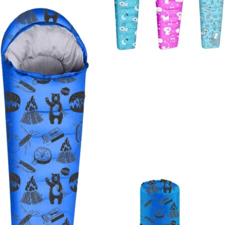 Mummy Style 32 – 59F Kids Sleeping Bag with Pillow Sleeve, 4 Season, Lightweight and Backpacking Style, Ideal for Camping, Sleepover, Boys, Girls, Youth and Toddlers